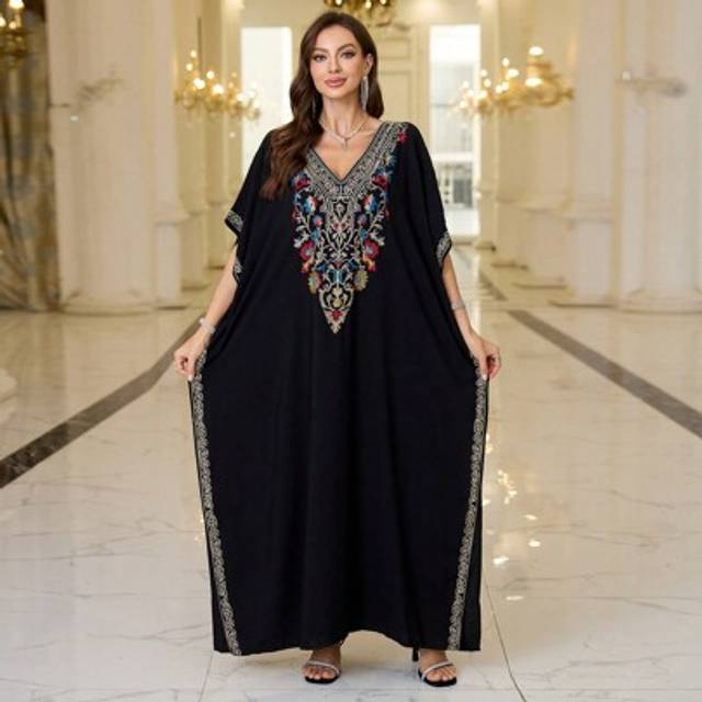 SHEIN Black Embroidered Arabic Style V Neck House Dress Kaftan For Women