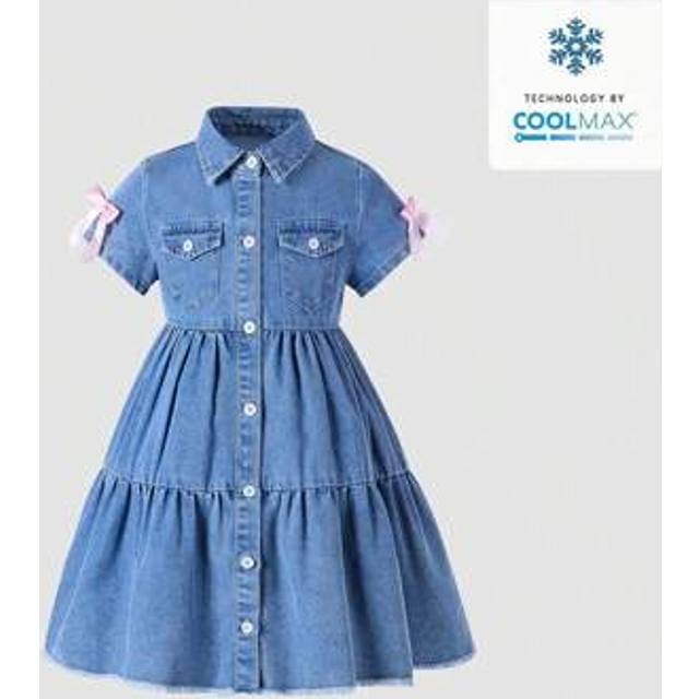 SHEIN Denimly Girls Loose Casual Cute Comfortable Bow Decorative Shirt Collar Light Wash Blue Short Sleeve Long Denim Dress