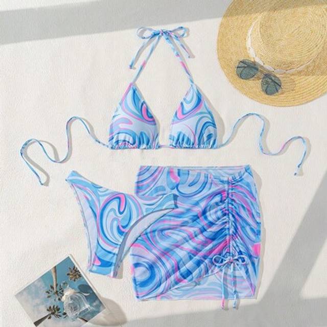 SHEIN Halter Floral Print Bikini Set With Skirt, 3pcs,Summer Beach