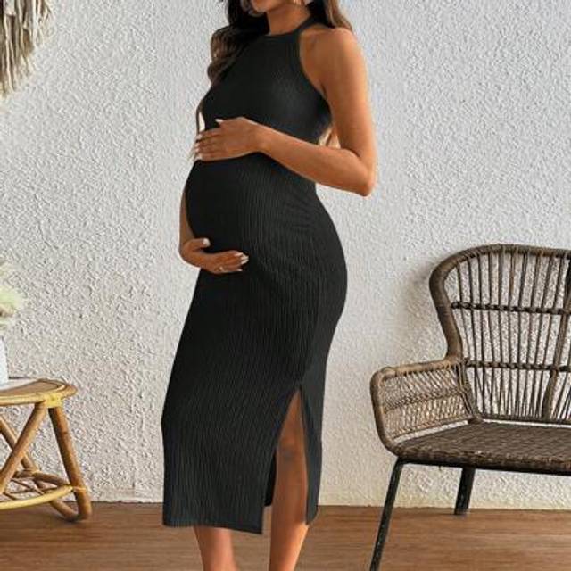 SHEIN Pregnant Women&#39;s Halter Knitted Dress, Spring/Summer Vacation Romantic Soft Stretchy Ribbed Apricot Elegant Maternity Dress