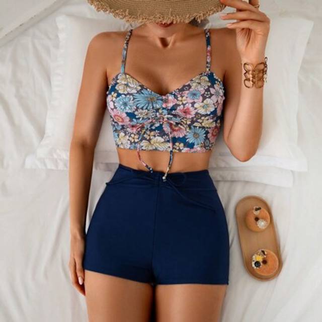 Swim Lushoire Women Spring Break Spaghetti Strap Spaghetti Strap High Waist Solid Color Tankini Set, Casual Beach Pool Party Conservative & Versatile