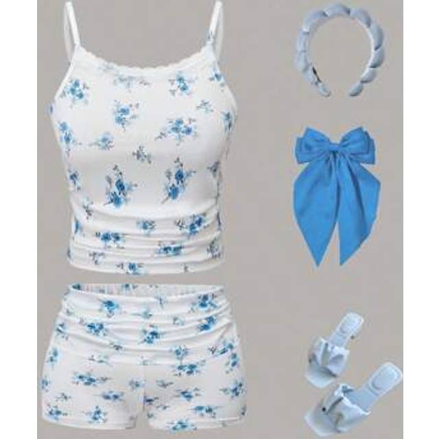 SHEIN 2 Pieces Set Of Tween Girl Casual Home Clothes, Floral Pleated Camisole Shorts Set, Lace Design, Suitable For Summer Home Wear, Also Suitable As A Gif