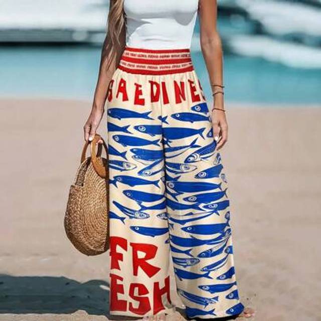 SHEIN Bohemian Women&#39;s Spring And Summer Fashion Casual Elegant Holiday/Vacation Style Contrast Color English Letters Latin Fish Printed Wide Leg Pants