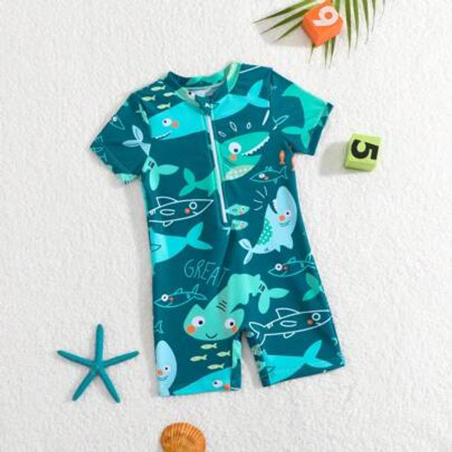SHEIN Baby Boy Infant/Toddler Swimsuit, Cartoon Printed One-Piece Bathing Suit