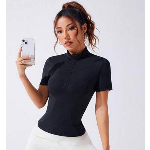 SHEIN Women&#39;s Solid Color Zip-Up Half Placket Short Sleeve Sports Polo Shirt