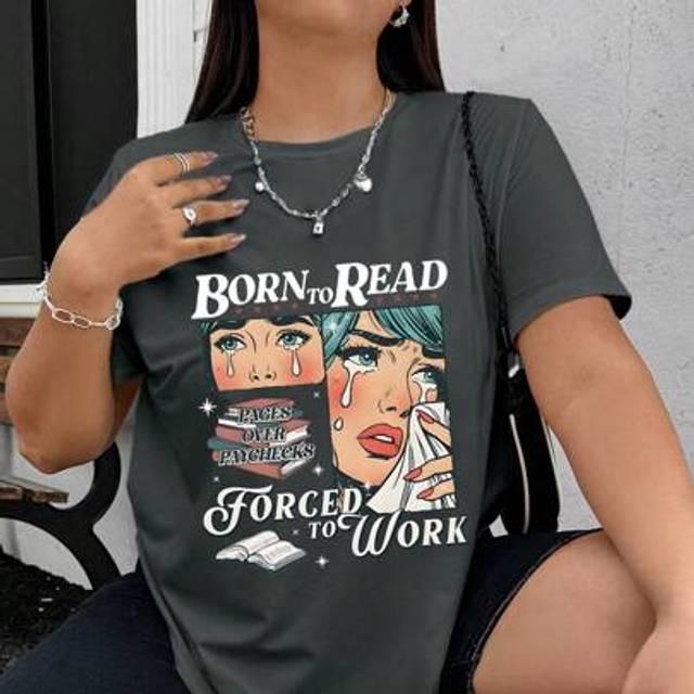 Flirla Plus Size Women&#39;s Summer &#34;Born To Read Forced To Work&#34; Funny Graphic T-Shirt , Casual Tops For Women