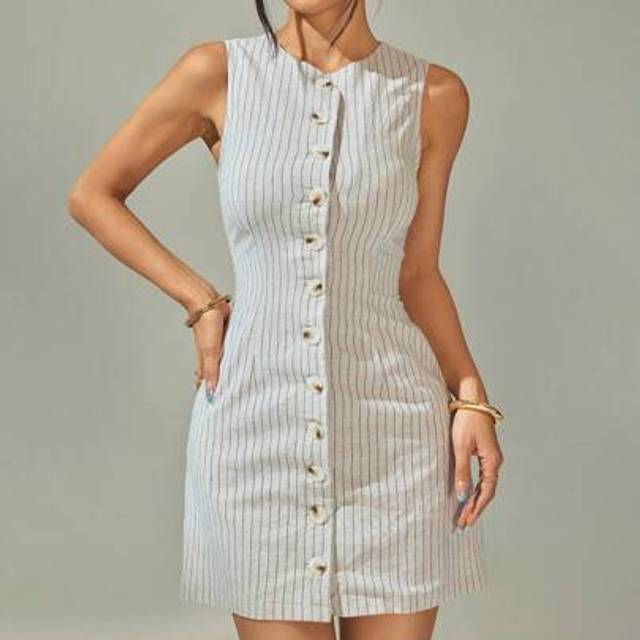 SHEIN Women&#39;s Elegant Chic Commuter Front Button Sleeveless Striped Casual Mini Dress,Spring/Summer,Fitted Crew Neck Tank Dress,Linen Stripe Fabric,Office C