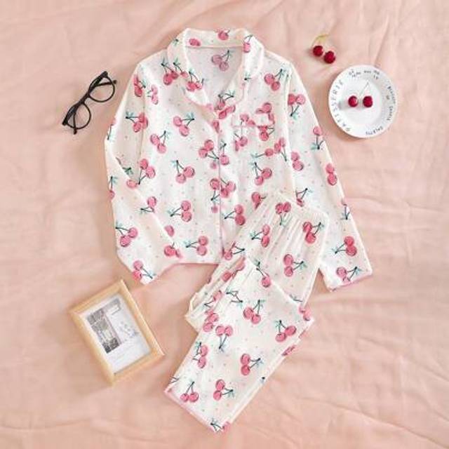 SHEIN Tween Girls Pajamas Set For Teens, Pink Cherry Print Long Sleeve Top & Long Pants Casual 2 Pieces Sleepwear