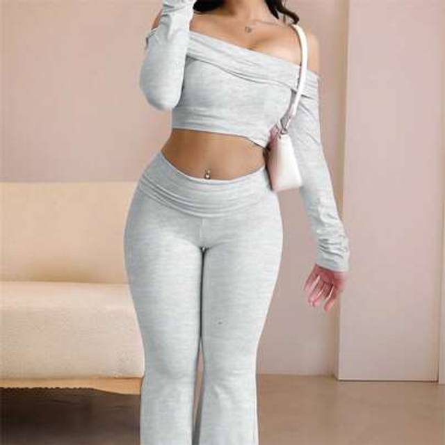 INAWLY Women 2pcs Set Off Shoulder Long Sleeve Cropped Top And Pants, Solid Color