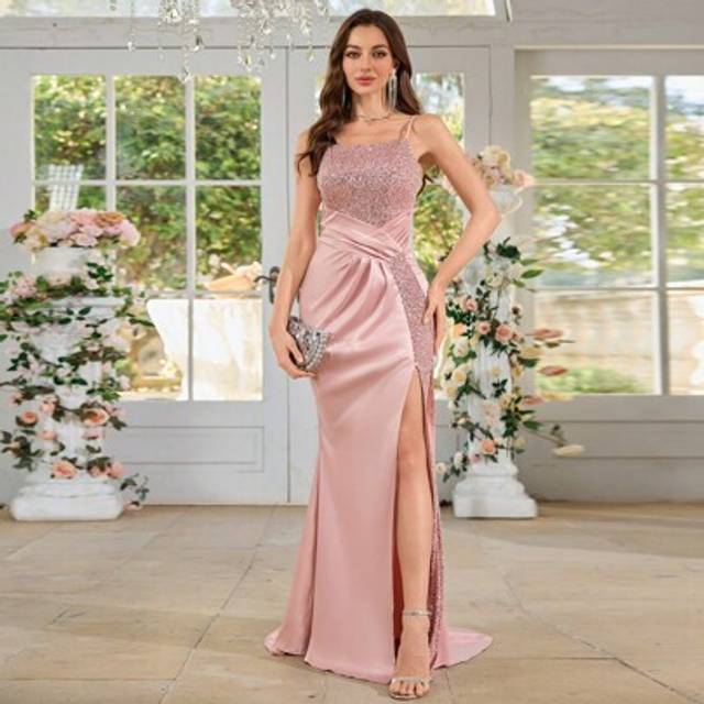 SHEIN Women&#39;s Elegant Gorgeous Sequins Splicing Tie Backless Satin High Waist Formal Dinner Outfit,Long Women Dresses,Date Night Dresses, Prom Semi Formal D