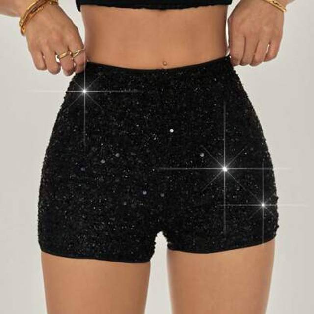 SHEIN Women&#39;s Solid Color Sequin Elegant Fitted Shorts