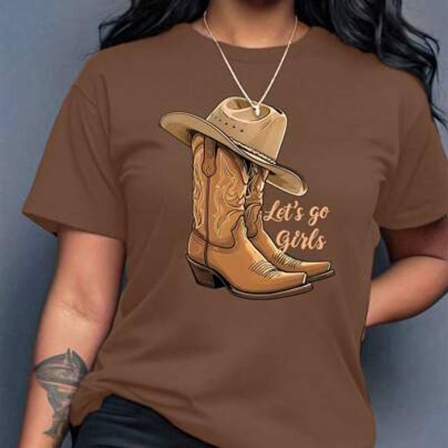 SHEIN Plus Size Women Cowboy Boots & Hat Letter Pattern Printed T-Shirt Casual Short Sleeve Round Neck Top Graphic Tees Women Tops