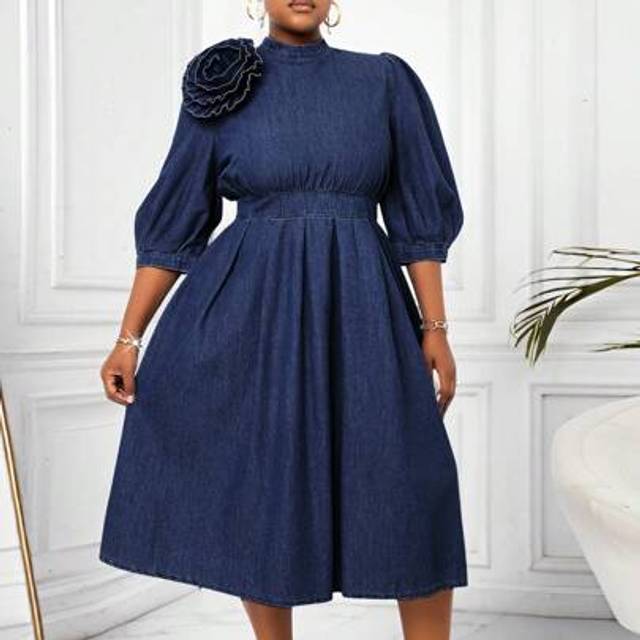 SHEIN Plus Size Denim Dress Three-Quarter Sleeve Mid-Length Dress Fitted Blue Sundress Floral Decorated Dress Easter Dress Women Spring Break Plus Size Wome