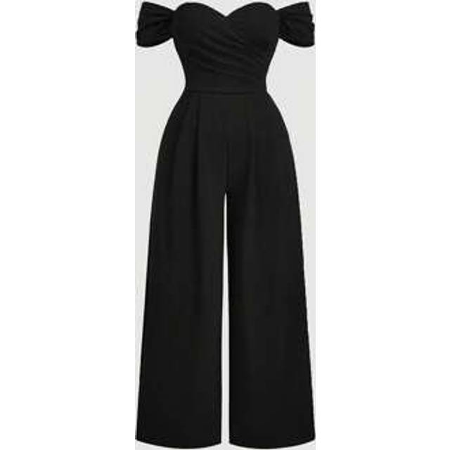 SHEIN Plus Size Women&#39;s Solid Color Off Shoulder Ruched Simple Casual Velvet Skinny Jumpsuit, Women Jumpsuit,Princess Women Costume,New Year,Valentine Jumps