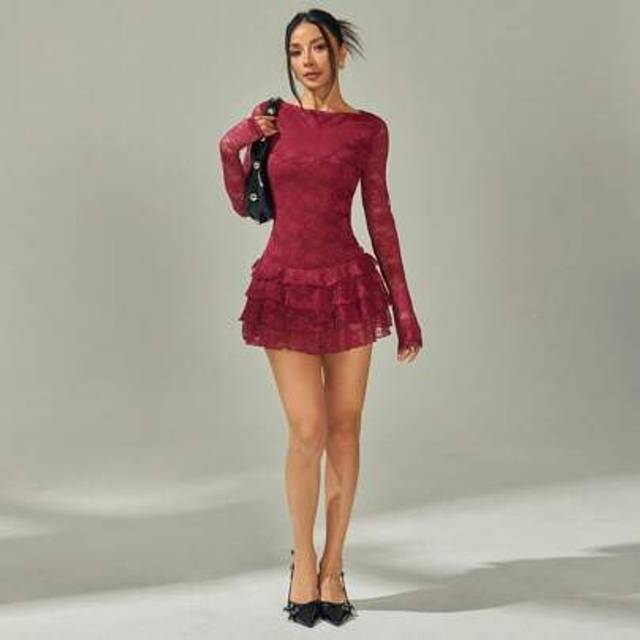 SHEIN Women&#39;s Burgundy Solid Color Elegant Lace Trim Floral Sexy Long Sleeve Layered Ruffle Hem Mini Club Dress, Suitable For Date Night, Bachelorette Party