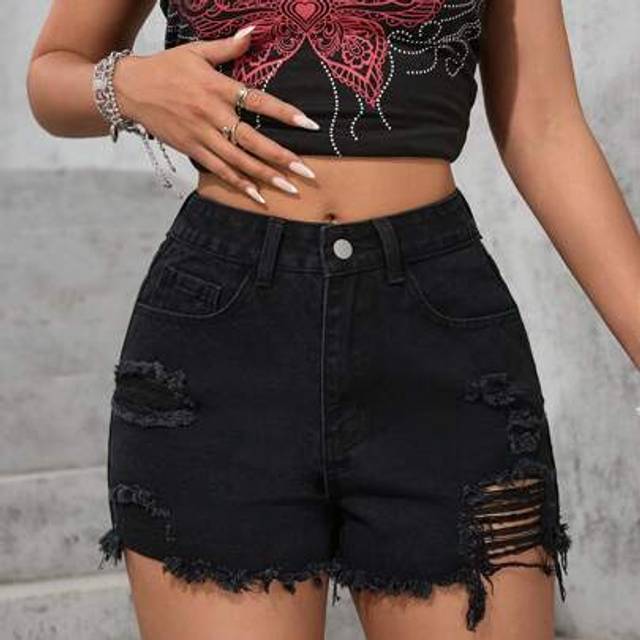 SHEIN Women&#39;s Casual Distressed Frayed Hem Pocket Detail Black Denim Shorts