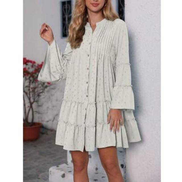 SHEIN Women Long Flare Sleeve Tiered Tunic Dress Loose Gold Dot Print Button-Up Shirt Dress Casual Loose Short Dress