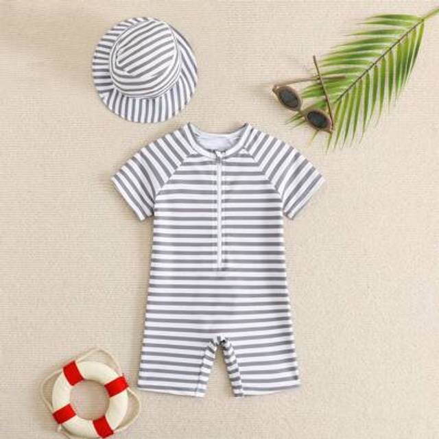 SHEIN Baby Boy Raglan Short Sleeve Striped Random Pattern One-Piece Swimsuit With Shorts And Swim Cap Included