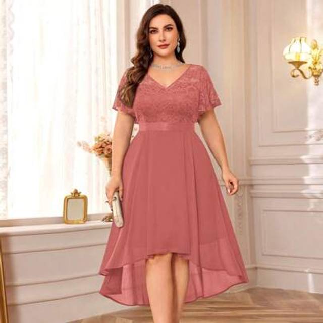 SHEIN Plus Elegant V Neck Butterfly Sleeve Floral Lace Contrast Chiffon High Low Hem Evening Party Swing Dress, Prom Semi Formal Wedding Guest Dress, For Bi