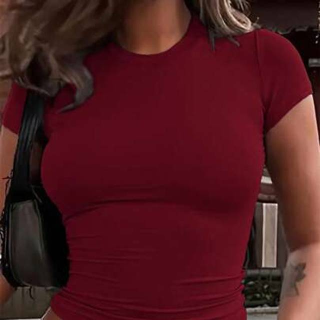 INAWLY Women Casual Solid Color Fitted Cropped T-Shirt