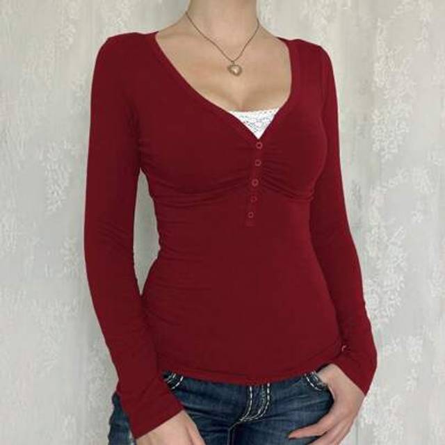 SHEIN Women&#39;s T-Shirt Y2K Fall Clothes Casual Daily Sexy Solid Color Lace Contrasting Color Slim Long Sleeve V-Neck Top