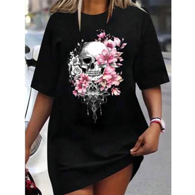 SHEIN Plus Size Summer Casual Skull & Floral Print T-Shirt
