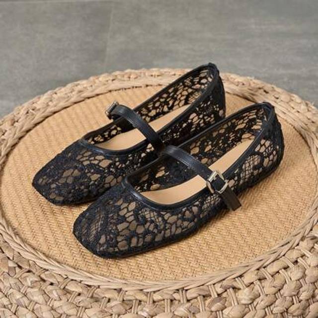 SHEIN Women&#39;s Ballet Flats Summer Breathable Embroidery Lace Mesh Square Toe Mary Jane Black Flat Shoes
