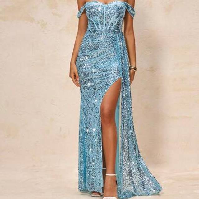 SHEIN Women Sequin Off-Shoulder Sleeveless Cinched Waist High Slit Maxi Formal Dress,Elegant Prom Evening Dress, For Wedding Guest, Graduation, Dinner New Y