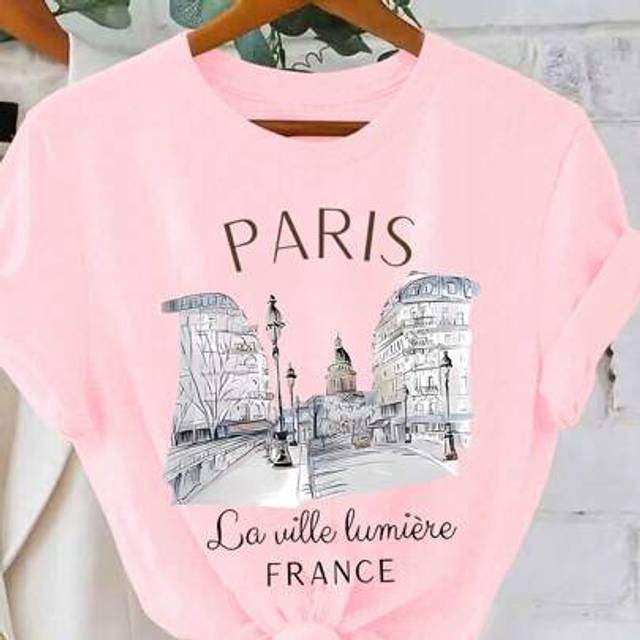 Calvaya Women&#39;s Short Sleeve Paris Print Casual T-Shirt, Summer & Spring Top PARIS Graphic Tees Women Tops