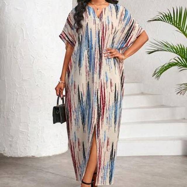 SHEIN Elegant Casual Work Party Striped Print V NeckSlitButterfly SleeveWomen Dresses Long Dress Casual Dresses For Women Summer Dresses For Women Women Max