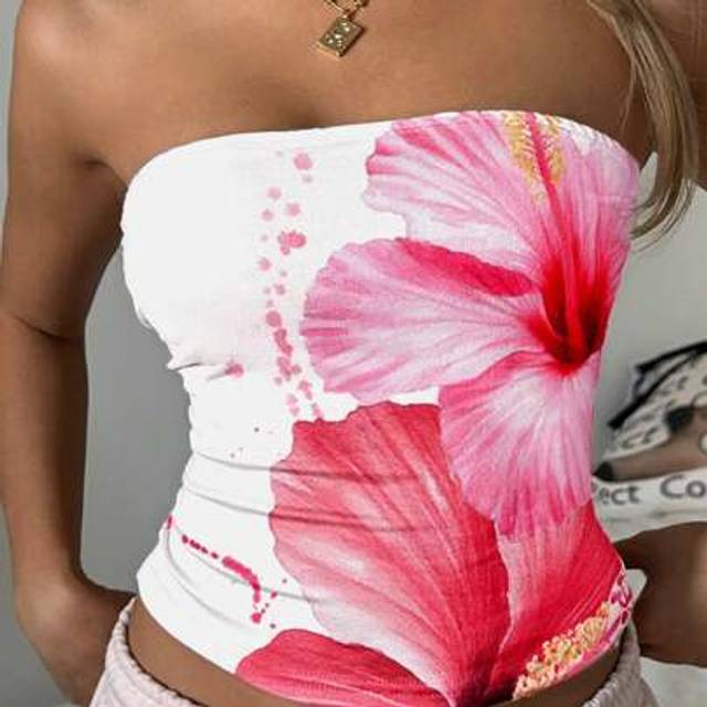 SHEIN Women Casual Floral Print Tight Fit Tube Top, Suitable For Summer, Wedding Season, Vacation,Tube Top