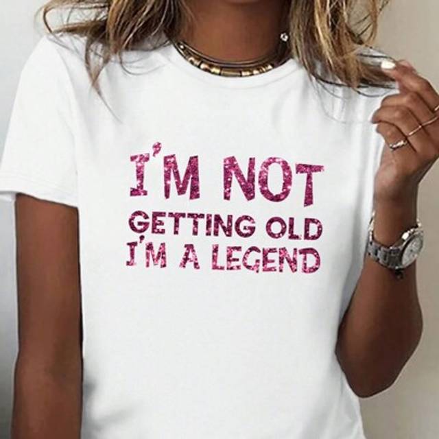 INAWLY Sequin Embellished English Letter Printed Round Neck Short Sleeve T-Shirt, Casual I&#39;M NOT GETTING OLD I&#39;M A Graphic Tees Women Tops