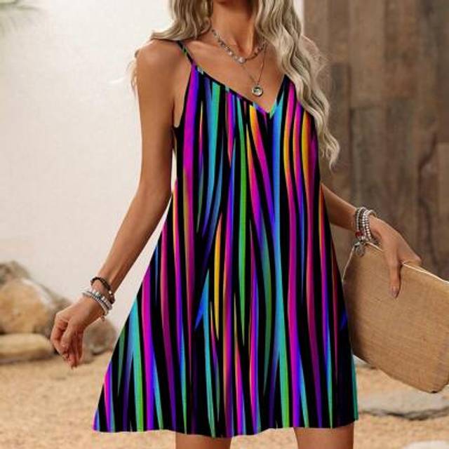 SHEIN Bohemian Colorful Striped Print Casual Loose Flowy Plus Size Sleeveless Dress, Suitable For Summer