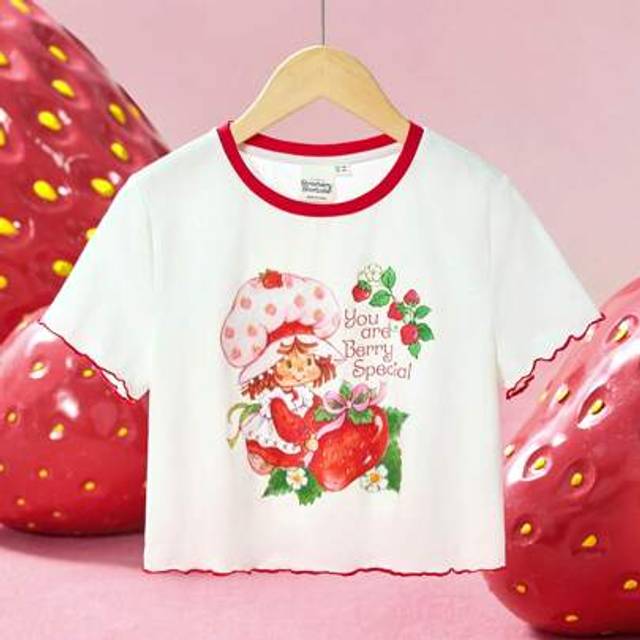 SHEIN Tween Girls Y2K Style Cute Strawberry Gingerbread Girl Print Color Block Short Sleeve T-Shirt, Casual & Sweet, Suitable For Spring/Summer