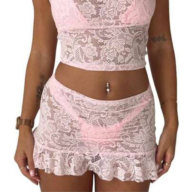 SHEIN Women&#39;s Lace Mini Skirts Casual Low Waist Solid Color See Through Ruffle Skirts Bikini Coverup Skirts