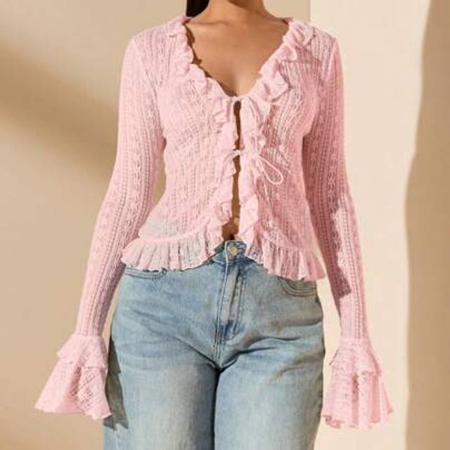 SHEIN Apricot Color Sexy Minimalist Lace Tie Up Long Sleeve Ruffle Hem Blouse, For Spring & Summer, Suitable For Valentine&#39;s Day, Parties, Romantic Dates, B