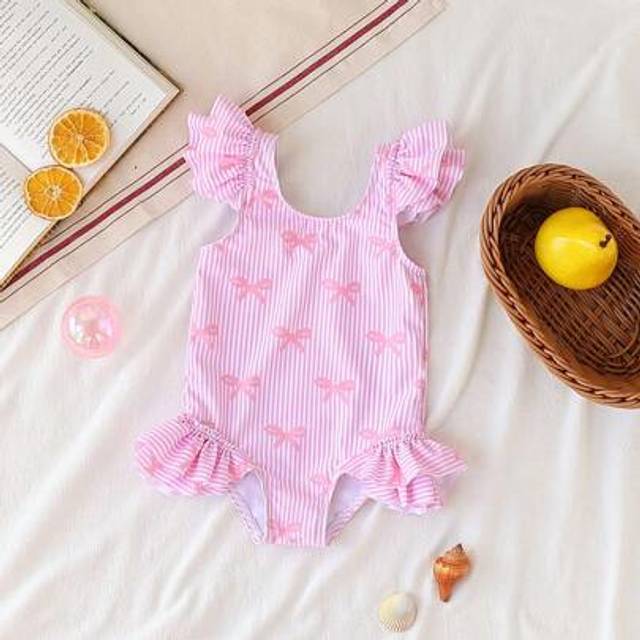 SHEIN Baby Girl Cute Bow Pattern Printed Double Layer Ruffle One-Piece Swimsuit, Pink Striped,Perfect For Summer Beach Vacations