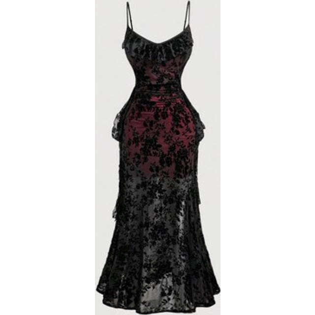 SHEIN Plus Size Red & Black Velvet Slit Fitted Midi Dress,Fall/Winter Women Dresses,,,Going Out ,Renaissance,Elegant ,Vintage, Women Dresses,Work,Business C