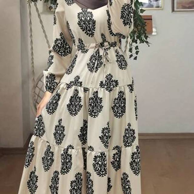 SHEIN Women&#39;s Floral Print Round Neck Long Lantern Sleeve Ruffle Hem Belted Modest Dress