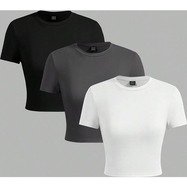 SHEIN 3pcs/Set Casual Minimalist Black/White/Gray Round Neck Short Sleeve Fitted Cropped T-Shirt For Summer, Women