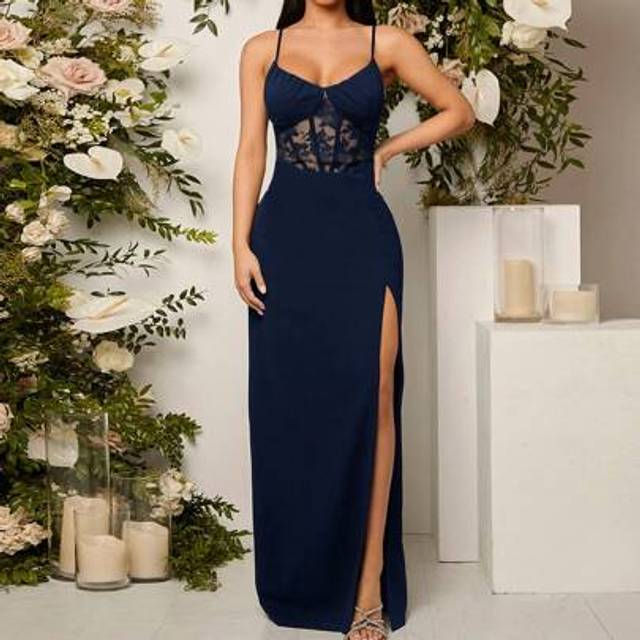 SHEIN Contrast Lace Split Thigh Cami Bridesmaid Dress Elegant Formal Evening Prom Wedding Guest Gown, For Graduation, Dinner Party Dress