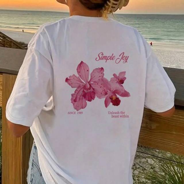 SHEIN 1pc Teen Girl T-Shirt - Machine Washable With &#34;Floral&#34; Graphic Print, Suitable On Travel Or Vacation, Summer