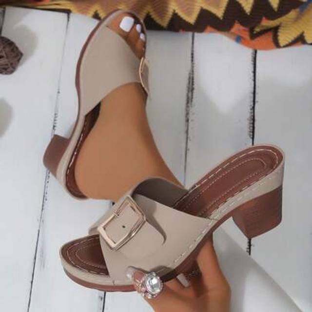 SHEIN 2025 Metal Buckle Strap Open Toe Platform Sandals, Casual Chunky High Heel Slip-Resistant Sexy Karki Heels For Women