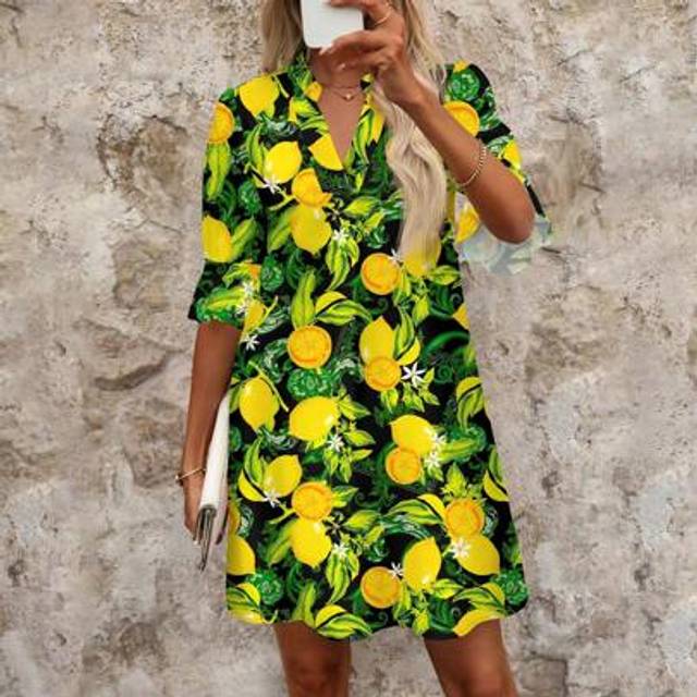 SHEIN Casual Lemon Print Short Loose Shift Dress, Suitable For Summer Vacation,Bohemian Clothes