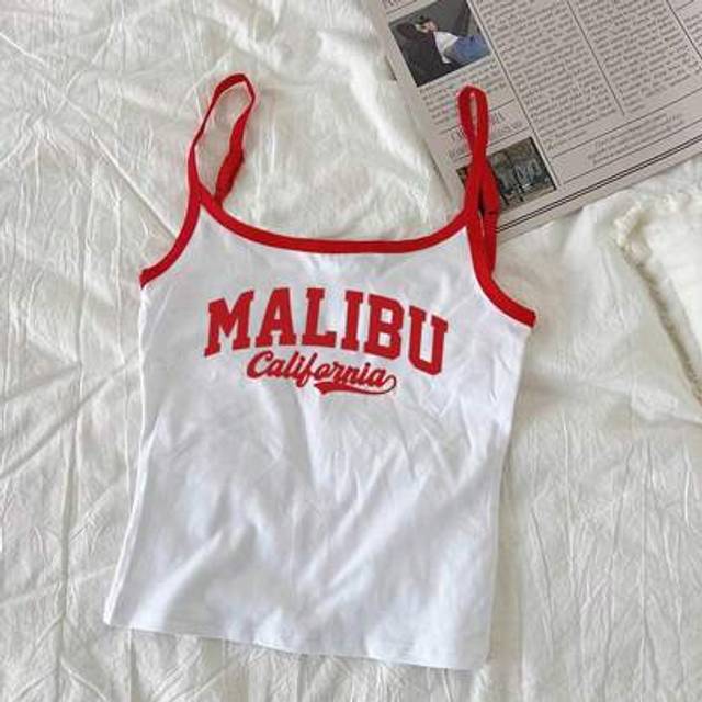 SHEIN Women&#39;s Summer Casual Holiday Red & White Contrast Letter Contrast Color Sleeveless Y2K Sexy Spaghetti Strap Tank Top