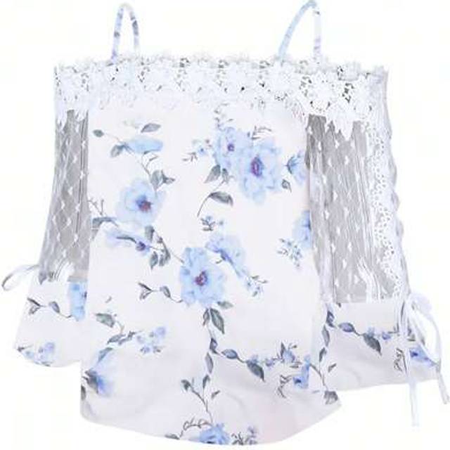 SHEIN Lace & Mesh Panel Floral Print Tie Neck Off Shoulder Loose Blouse