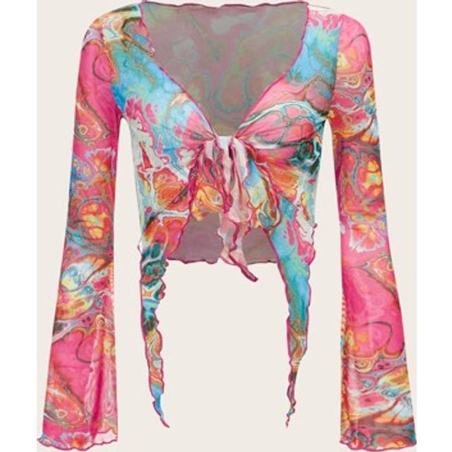 SHEIN Split Sleeve Tie Front Asymmetrical Hem Graphic Print Mesh Top
