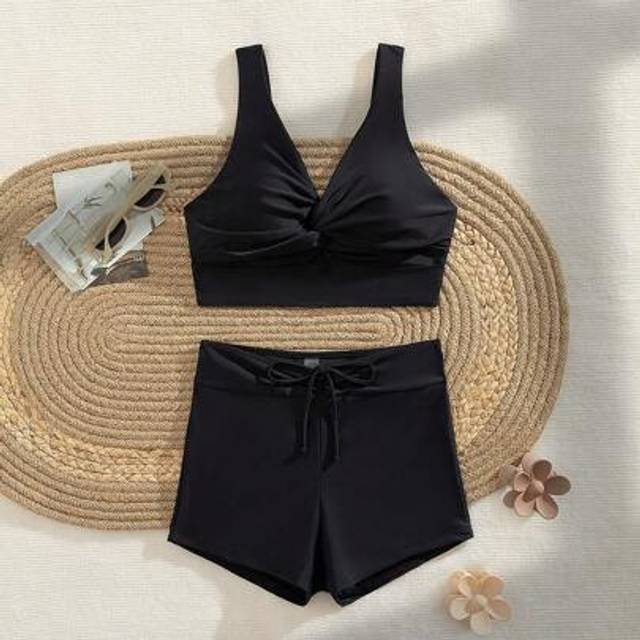 SHEIN Women Solid Color And Simple Design Ruched Bikini Set,Summer Beach