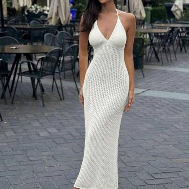 SHEIN FOR BEAUTY Spring And Summer New White Hanging Collar Lace Up Knitted Women&#39;s Sweater Dress Casual Simple Slim Fit Sexy Backless Bohemian Music Festiv