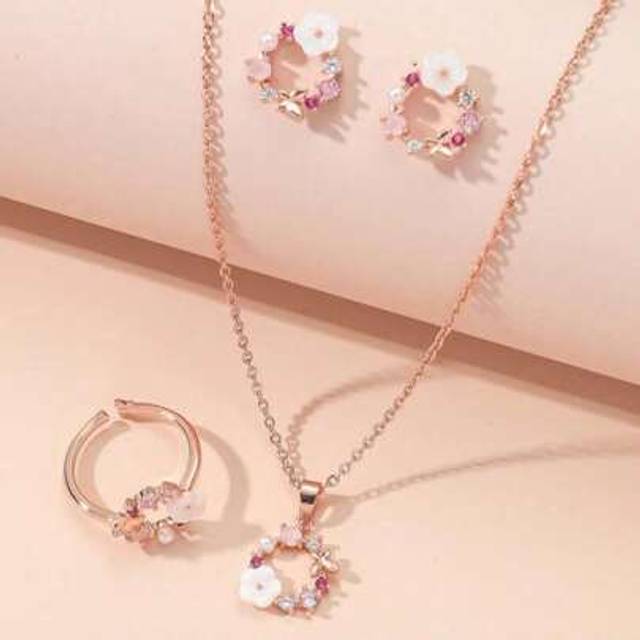 SHEIN 4-Piece Fashion Girly Tulip Flower Pendant Necklace Earrings Jewelry Set-Suitable For Party Daily Life Accessories Gifts For Girls